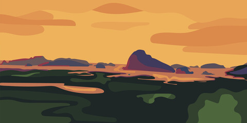 Colorful Asian sunset, panoramic view of the sights of Thailand, Phang Nga Bay. Vector illustration of small islands and a bay.