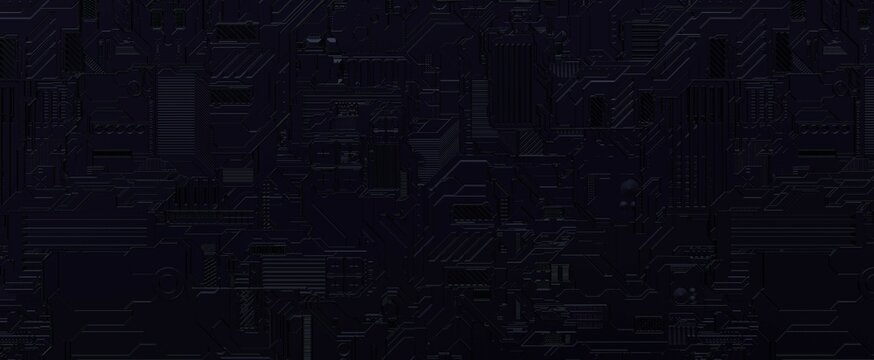 Dark techno background. Electronic circuit board with 3d render labyrinth of connections and chips. Futuristic technical textures with processor connection strips