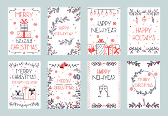 Christmas holidays doodle decorative greeting cards. Hand drawn snowflakes and floral ornament decorative xmas vector covers illustration set. Merry Christmas invitation cards
