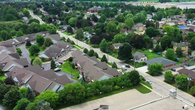 Aerial view of St Jacobs, Ontario, Canada town center 4K