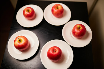 red apples on white plates. five red  apples lie on white plates on the table