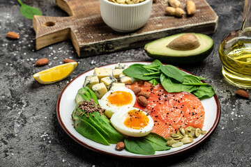 Ketogenic diet breakfast. salmon, avocado, cheese, egg, spinach and nuts. Healthy fats, clean eating for weight loss. banner, menu, recipe place for text, top view