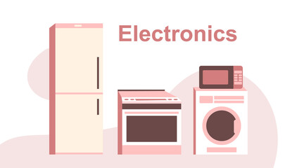 Group of household appliances. Kitchen interior. Electronic domestic equipment. Editable vector illustration