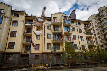 Destruction of Irpin. May, 2022. Irpin, Kyiv region, Ukraine. Russia Ukraine war. Damaged in Irpin after fighting