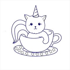 Caticorn Coloring page for kids  Cute Cartoon Animal , kawaii , cute cat unicorn Vector clip art illustration for children  cat with a cup 