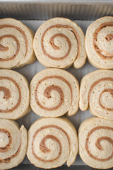 Proofed cinnamon roll dough in a metal tin, dough that has doubled in size, pastry dough that has risen