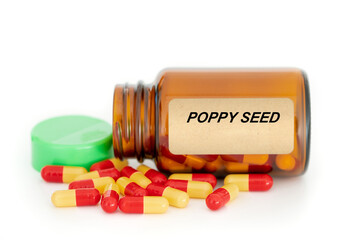 Herbs medical concept Food supplement, Herbal medicine in capsules from plants Poppy Seed