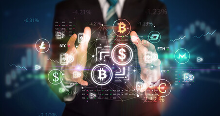 Businessman holding currency symbols concept