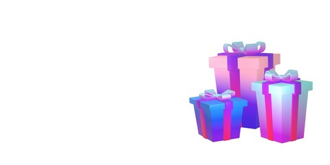 3d illustration of a set of gift boxes with a gradient. With a pink bow on a white background. Blue and pink gift box. White background.