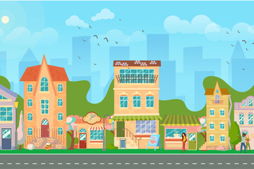 Naklejka premium City street. Panoramic cityscape with bright houses, walking pedestrians, flowering trees. Shop and stores. Spring city. Vector illustration in cartoon style.