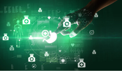 Doctor hand pressing futuristic health device with medical symbol on screen