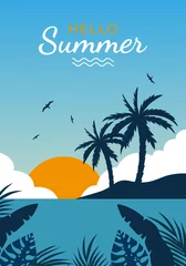 Sierkussen Beach landscape with sun and palms. Sunny background with beach and sea. Hello, Summer. Vector illustration © OksanaValion