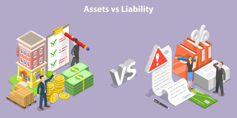 3D Isometric Flat Vector Conceptual Illustration of Assets Vs Liability, Financial Obligations Management