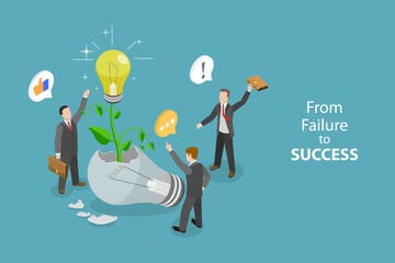 3D Isometric Flat Vector Conceptual Illustration of From Failure To Success, Mistakes and Setbacks as Motivation to Self Development