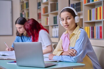 Group of teenage students study in school library