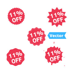 Set Sale 11% off banners, discount tags design template, extra promo, brush grunge, vector illustration