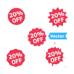 Set Sale 20% off banners, discount tags design template, extra promo, brush grunge, vector illustration