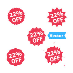Set Sale 22% off banners, discount tags design template, extra promo, brush grunge, vector illustration