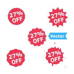 Set Sale 27% off banners, discount tags design template, extra promo, brush grunge, vector illustration