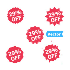 Set Sale 29% off banners, discount tags design template, extra promo, brush grunge, vector illustration