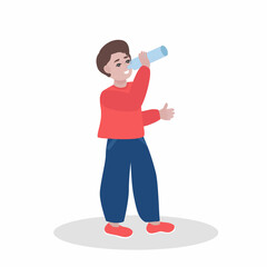 Boy with bottle of water, flat cartoon vector illustration isolated on white background. Kid boy drinking pure mineral water from plastic bottle.