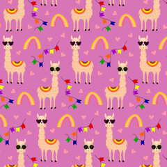Pattern with llamas, rainbow and flags. Festive vector pattern on a colored background. For packaging, prints and fabric, baby products, scrapbooking, stationery. © Irina