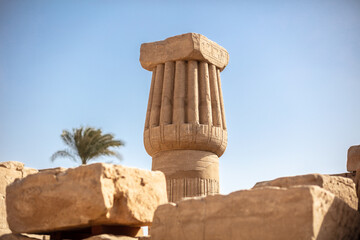 Different hieroglyphs on the walls and columns in the Karnak temple. Karnak temple is the largest...