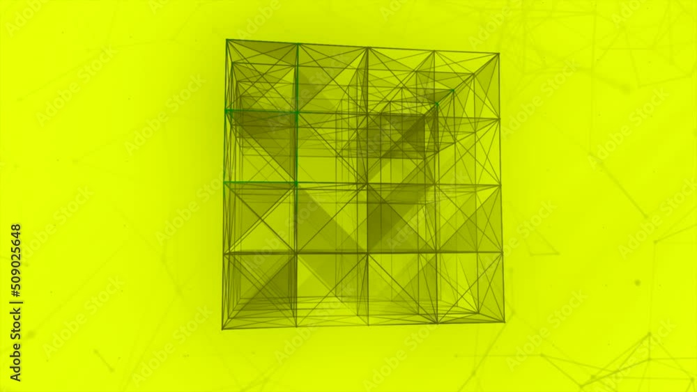 Poster cube of geometric connections of lines. motion. glowing cube of flashing triangles and linear connec