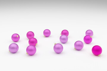 Multiple purple Christmas balls, shiny ornaments on light grey, 3d rendering. concept for happy new year and christmas