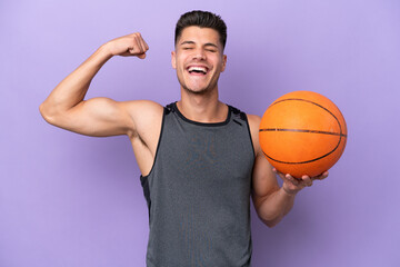 young caucasian woman  basketball player man isolated on purple background doing strong gesture