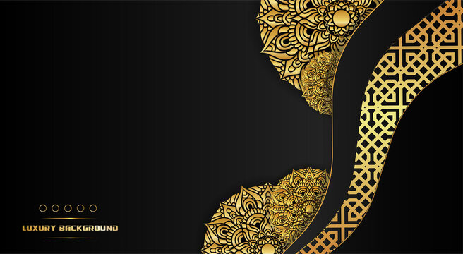 black luxury background, with ornate mandala design and glittering gold pattern, ideal for greeting cards, Islamic backgrounds, invitations, wedding templates, etc.
