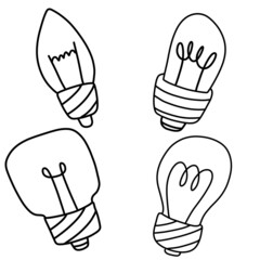 Light Bulb. Doodle electric device. Black and white hand drawn illustration.