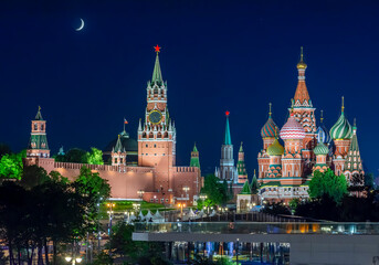 Moscow night cityscape with Cathedral of Vasily the Blessed (Saint Basil's Cathedral) and Spasskaya...