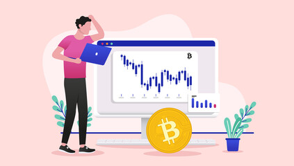 Bitcoin price going down - Crypto currency investor watching in fear as value decreases in front of computer screen with chart. Flat design vector illustration