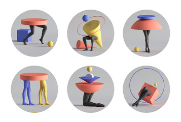 3d render, set of assorted round stickers with surreal geometric shapes with human legs, modern minimal icons for social account design. Abstract circles isolated on white background