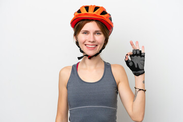 Young cyclist English woman isolated on white background showing ok sign with fingers