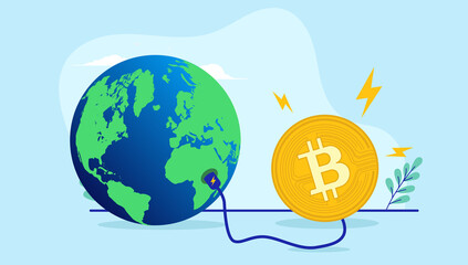 Bitcoin global energy use - Cryptocurrency coin consuming power from earth. Environmental problem concept. Flat design vector illustration