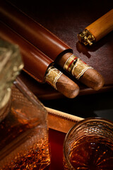 Cigars on cigar cases with a glass and a bottle of liquor next to them