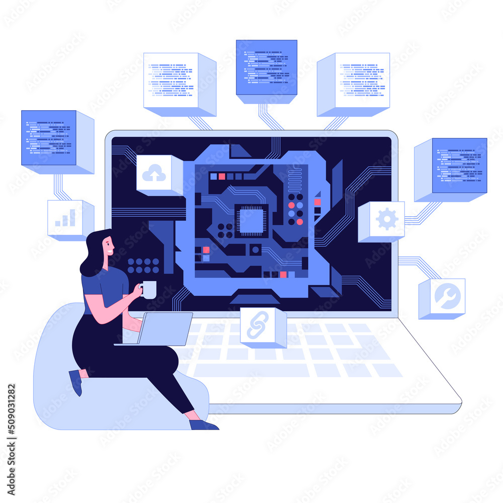 Poster vector illustration of professional engineer use laptop screen shows cpu abstract digital chip compu