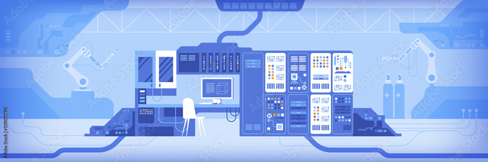 Poster control point and computer screens in server room. flat color vector illustration. data center equip