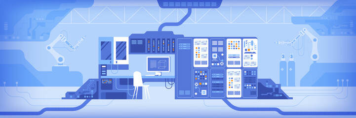 Control point and computer screens in server room. Flat color vector illustration. Data center equipment. Digital technology industry 2D simple cartoon objects in interior with machinery on background