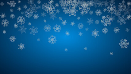 New year background with silver frosty snowflakes. Horizontal backdrop. Stylish new year background for holiday banner, card. Falling snow with sparkles and flakes for season special offers and sales.