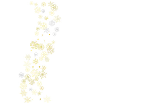 Gold snowflakes frame on white background. New year theme. Horizontal shiny Christmas frame for holiday banner, card, sale, special offer. Falling snow with gold snowflake and glitter for party invite © Holo Art
