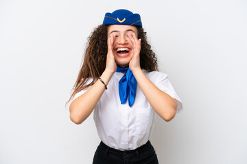 Airplane stewardess Arab woman isolated on white background shouting and announcing something