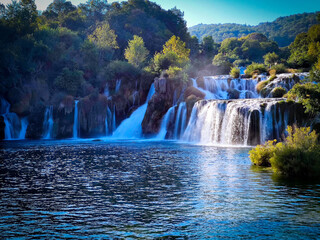 Beautiful waterfall in Krka National Park - Skradin, Dalmatia Croatia, Europe.