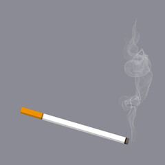Burning cigarette with smoke vector illustration on gray background. Cigarette icon. EPS