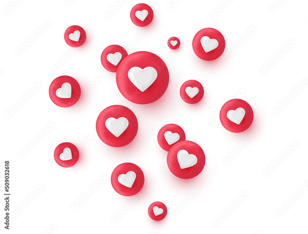 Poster 3d render like icon set. social media bubble with heart. love element. comment button. share tag. no