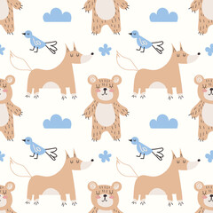 Forest seamless pattern with cute animals - fox, bear, bird. Vector illustration Scandinavian style flat design. Concept for kids, textile print, poster, card EPS