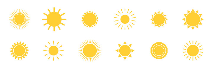 Sun icon set. Summer sunny shape. Star symbol. Sunbeam silhouette. Temperature logo. Sunlight symbol. Sunrise light. Nature background. App solar design element. Summer ray. Vector illustration