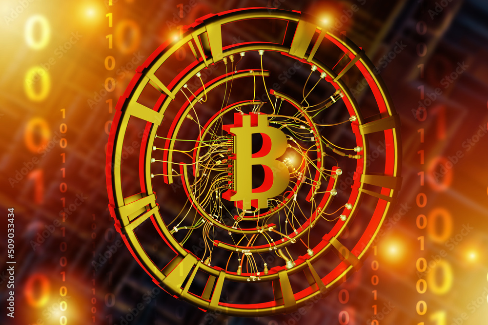 Poster bitcoin background. b logo and binary code. blockchain backdrop. bitcoin background with wires and l